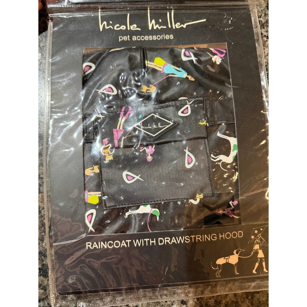 Nicole Miller Dog Raincoat with Drawstring Hood Fashion Print Black Small‎